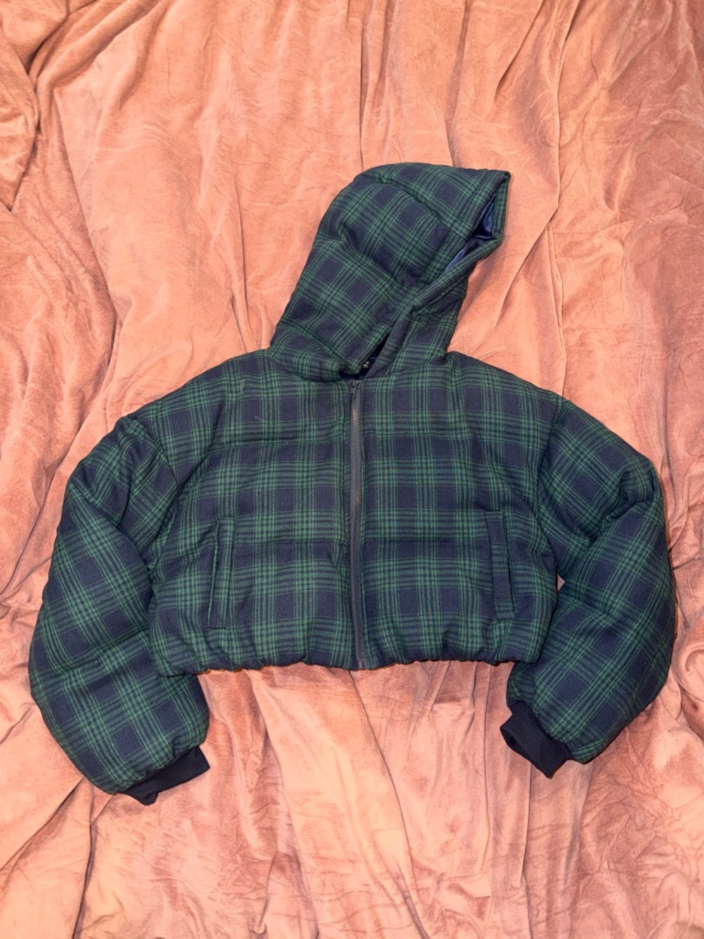 Grunge Plaid Hooded Cropped Jacket - Green and Blue